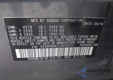 2018 Subaru Legacy 2.5I from USA, damaged, VIN 4S3BNAB6XJ3042452